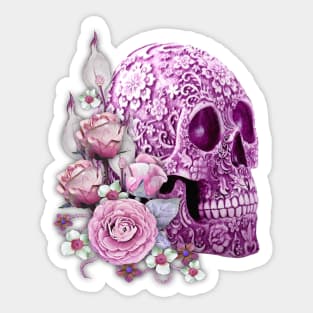 Purple Floral Sugar Skull Day Of The Dead Pink Flowers Sticker